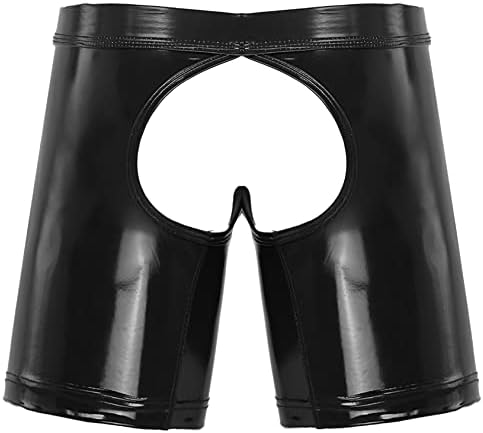 Hedmy Men's Latex PVC Faux Leather Short Pants Solid Buckled Open Crotch Boxer Shorts Hot Pants