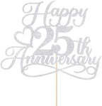 Glitter Happy 25th Anniversary Cake Toppers -Wedding Anniversary Party Decorations,25th Wedding Anniversary, Company Anniversary Party, Birthday Party Decorations (silver)