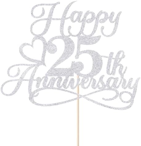 Glitter Happy 25th Anniversary Cake Toppers -Wedding Anniversary Party Decorations,25th Wedding Anniversary, Company Anniversary Party, Birthday Party Decorations (silver)