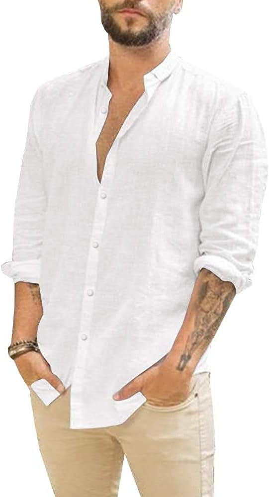 Mens Summer Casual Long Sleeve Cotton Linen Shirts Button Up Solid Plain Roll-Up Sleeve Beach T Shirts
