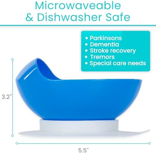Vive Spill-Proof Scoop Bowl (2 Pack) - Adaptive Eating Equipment with Lipped Edge for Elderly & Disabled - No-Spill Scoop Aid for Parkinsons, Dementia, Strokes, Tremors - Special Non-Skid Bowl (Blue)