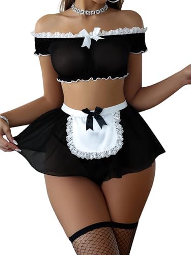 Foxiny Sexy Stockings Mini Skirt Mesh Sheer Lace Halloween Costume Maid Outfit Lingerie with Thong Set 4 Piece