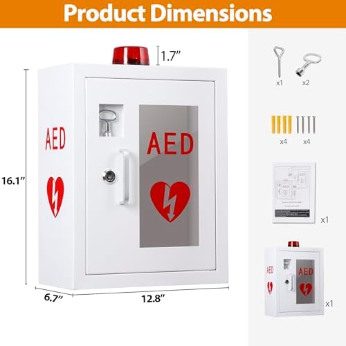 AED Defibrillator Cabinet with Alarm, Wall Mounted AED Medicine Cabinet with Lock Fits All Brands AED Defibrillator 12.8 x 6.7 x 16.1 inch