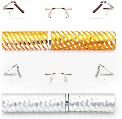 DXYXYO Mini Rimless Reading Glasses for Women Men, 2 Pack Slim Pocket Compact Metal Readers with Small Portable Case