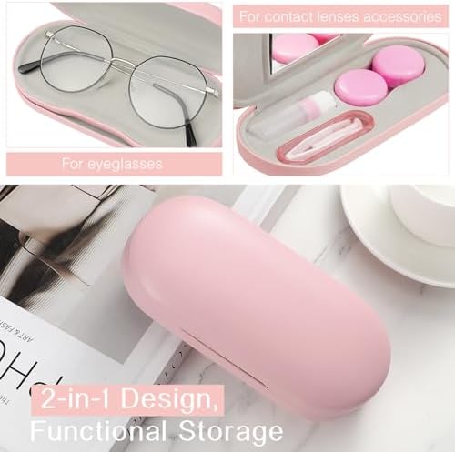 MoKo Double Eyeglass Case, Contact Lens Case with Mirror Tweezers Remover, 2 in 1 Double Sided Portable Contact Lens Box Holder Container Soak Storage Kit Sunglasses Pouch for Men & Women, Pink