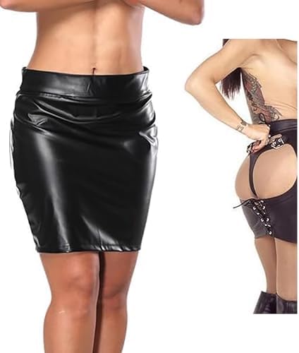 Women Leather Skirt Exposed Butt Skirt Patent Leather Butt Lifter Short Buttocks Sexy Lingerie Clubwear Party