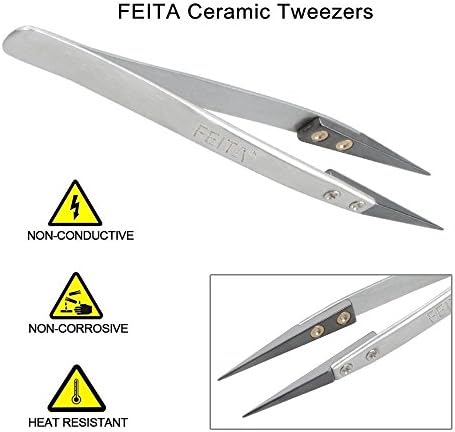 FEITA Black Pointed Ceramic Tip Tweezers - Precision Stainless Steel Tweezer for Electronic Repair, DIY Hobby (1 Pc)