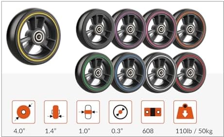W434, 4 X 1.4 inch, Solid, PU Wheels, Wheelchair Casters, Nylon Rim, one Pair (Black)