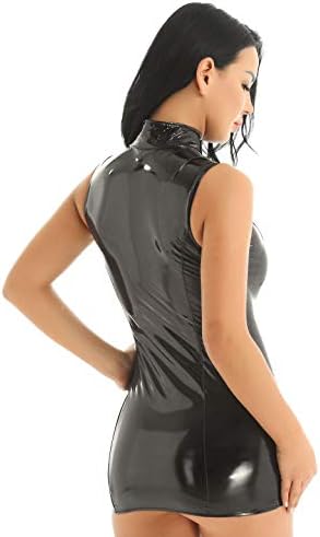 iEFiEL Women PVC Leather Wetlook Sleeveless Stand Collar Front Zipper Bodycon Mini Dress for Club Party