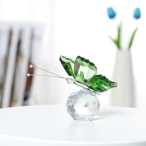 Crystal Flying Butterfly with Ball Base Glass Animal Ornament Decoration for Home Wedding Decor Xmas Women Gift(Green)