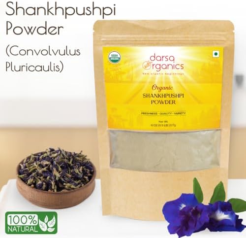 Darsa Organics Shankhpushpi Powder 8oz - USDA Organic Convolvulus Pluricaulis, Enhances Memory, Reduces Stress and Anxiety, Promotes Sleep, Perfect for Herbal Tea, Vegan, Non-GMO, Kosher