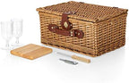 PICNIC TIME Classic Wine & Cheese Picnic Basket, Romantic English-Style Wooden Basket, Deluxe Service for 2 with Fully-Lined Interior, Leatherette Buckle and Handle, (Red & White Gingham Pattern)