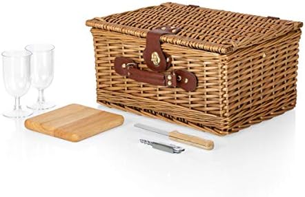 PICNIC TIME Classic Wine & Cheese Picnic Basket, Romantic English-Style Wooden Basket, Deluxe Service for 2 with Fully-Lined Interior, Leatherette Buckle and Handle, (Red & White Gingham Pattern)