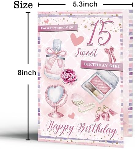 Happy 15th Birthday Card for Girls, Sweet Fashion Bithday Card for 15th Girls, Pink Beauty Themed Card,Birthday Card for Special Daughter Granddaughter, Perfume, Makeup & Pearl Design
