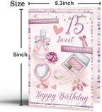 Happy 15th Birthday Card for Girls, Sweet Fashion Bithday Card for 15th Girls, Pink Beauty Themed Card,Birthday Card for Special Daughter Granddaughter, Perfume, Makeup & Pearl Design