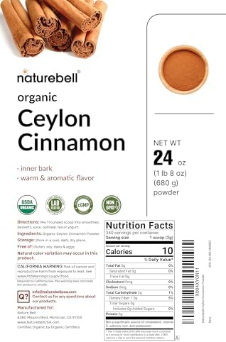 Organic Ceylon Cinnamon Powder, 24 oz (680 g) – Cinnamomum verum Inner Bark from Sri Lanka, ~340 Servings, Fine Ground – Non-GMO, cGMP Manufactured