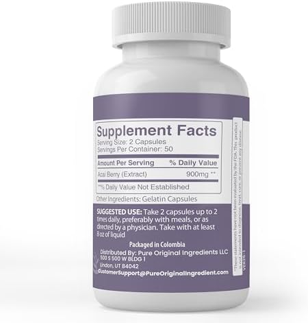 PURE ORIGINAL INGREDIENTS Acai Berry (100 Capsules) No Magnesium Or Rice Fillers, Always Pure, Lab Verified