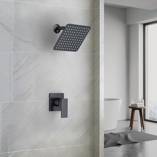 Shower System Shower Faucet Set - SunCleanse 8INCH Matte Black Complete Shower System with Pressure Balancing Valve and Solid Brass Rough-In Valve, Rainfall Shower Head with Single-Handle Trim Kit