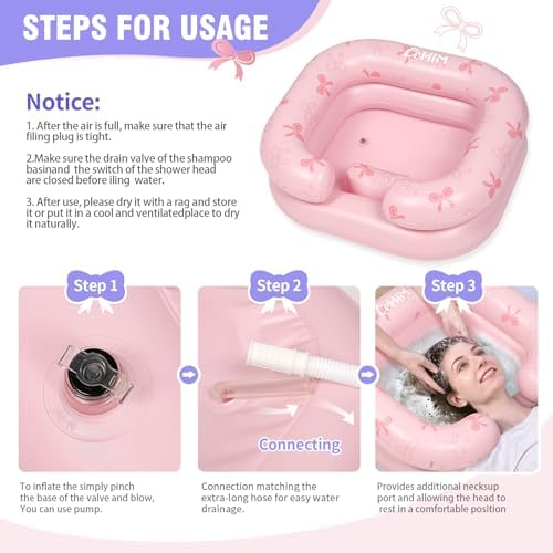 Inflatable Shampoo Basin - Portable Shampoo Bowl, Hair Washing Basin for Bedridden, Disabled,Injured, Hair Wash Tub for Dreadlocks and at Home Sink Washing (Pink-Bowtie, 15in Inner)
