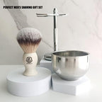 3 in1 Premium Shaving Brush Kit for Men Includes Vegan Badger Synthetic Hair Shaving Brush,Stainless Steel Shaving Soap Bowl,Heavy Safety Stand for Mens Gift (Ivory White)