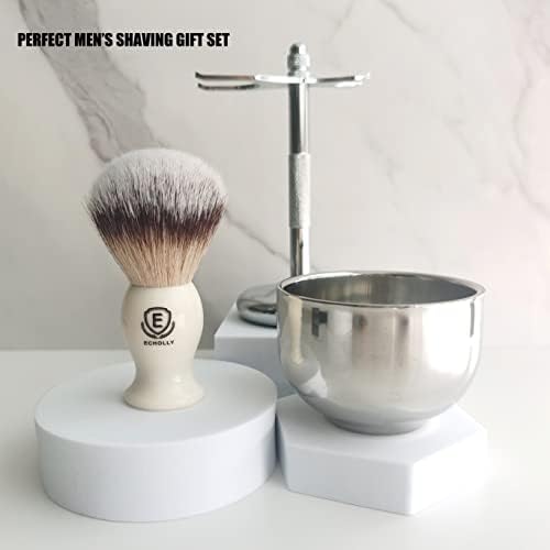 3 in1 Premium Shaving Brush Kit for Men Includes Vegan Badger Synthetic Hair Shaving Brush,Stainless Steel Shaving Soap Bowl,Heavy Safety Stand for Mens Gift (Ivory White)