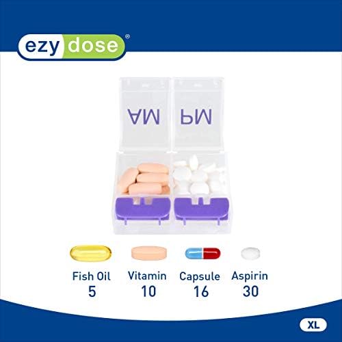 EZY DOSE Daily Push Button Pill Case, Medicine Planner, Vitamin Organizer Box, 2 Times a Day, AM/PM Large Compartments, Arthritis Friendly, Clear Lids, Color May Vary, BPA Free