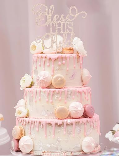 Bless This Child Cake Topper - Rose Gold Glitter Chlid Christening Cake Decoration Supply - Smash Cake Topper for First Holy Communion Party/Baby Shower - Baptisim Cake Decor