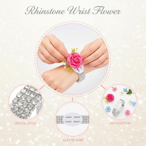 Tucnoeu 4 Pcs Corsage Wristlet Bands Rhinestone Bracelet, Rhinestone Wrist Corsage, Elastic DIY Wrist For Wedding Party Prom Bride Shower Party Anniversary
