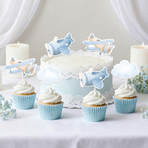 36Pcs Airplane Cupcake Toppers Airplane Birthday Decorations Blue Plane Cloud Cake Decorations for Boys Girls Plane Aviation Themed Birthday Baby Shower Bridal Shower Wedding Party Supplies