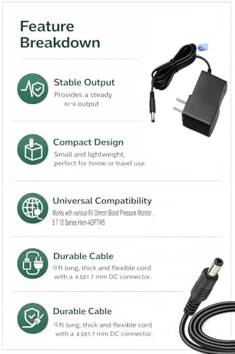 6V AC Adapter for Omron Blood Pressure Monitor 100-240V to DC 6V Hem-ADPTW5 Replacement 10ft Power Cord with 4.0×1.7mm Plug Compatible with Omron 5/7/10 Series
