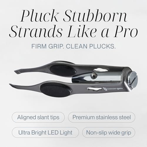 Tweezer Guru Pro Illuminating Eyebrow Tweezers for Women & Men Professional Stainless Steel Slanted Tweezers with LED Light Mirror Pouch Precision Tweezers for Brow Facial Hair Ingrown Hair Silver
