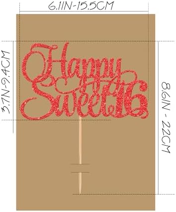 Happy Sweet 16 Cake Topper - Glitter Red 16th Birthday Decorations, Sixteen Year Old Smash Decor, Sweet 16 Sign Top Photo Booth Props (Red)