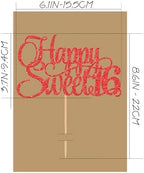 Happy Sweet 16 Cake Topper - Glitter Red 16th Birthday Decorations, Sixteen Year Old Smash Decor, Sweet 16 Sign Top Photo Booth Props (Red)