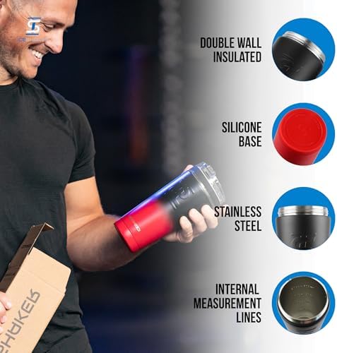 Ice Shaker Insulated Stainless Steel Shaker Bottle | 26oz, Red/black | Cold for 30+ Hours | Insulated Cup with Twist-on Agitator | Odor-Free Bottle for Protein Shakes, Water, Smoothies, Cocktails