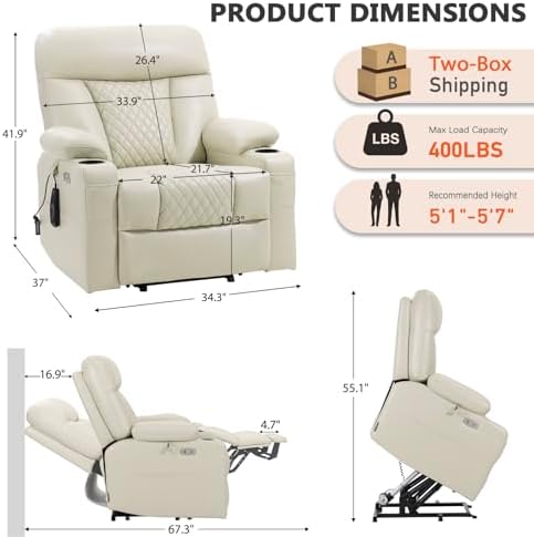 EONIX Small Power Lift Recliner Chair for Elderly with Heat and Massage, 400lbs Heavy Duty Electric Recliner Chairs for Adults with Cup Holders and USB Charging Ports, SLRY019020, Cream White