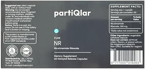 partiQlar NR Supplement - High Purity Nicotinamide Riboside Capsules - NAD+ Booster for Anti-Aging, Cellular Energy & Repair - Alternative to NMN - 60 Veggie Capsules