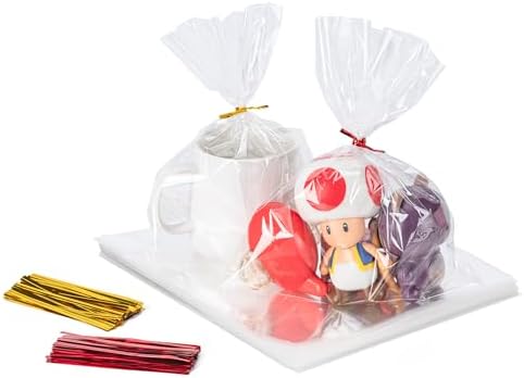 Aegero Cello Cellophane Treat Bags, 200 Pcs 6x8 Inches Clear Cellophane Bags with 200 Twist Ties for Gift Wrapping,Packaging Candies,Dessert,Bakery,Party Favors