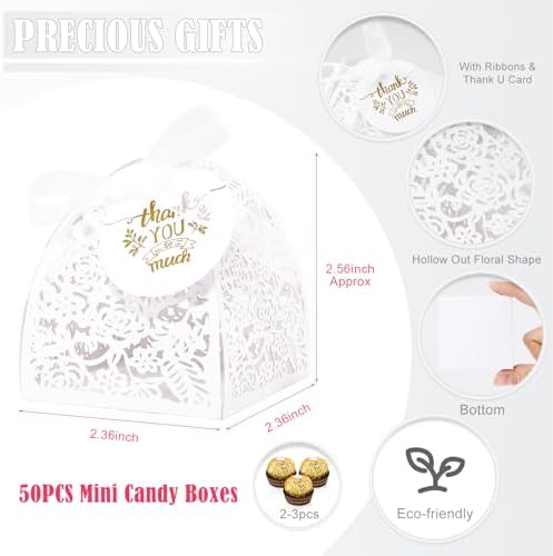 AdasBridal 50Pcs Small Gift Boxes for Party Favors, Laser Cut Candy Boxes Wedding Favor with Thank You Card Ribbons for Bridal Baby Shower Wedding Decorations (White, 2.36")