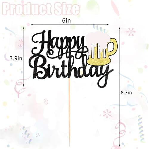 Beer Happy Birthday Cake Topper - Black Glitter Wine Glass Cake Decoration for Beer Themed Birthday Parties for Men and Women- Style 1