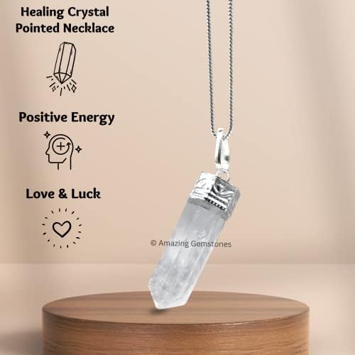 Amazing Gemstone Clear Quartz Crystal Pencil Point Pendant Necklace with Adjustable Cord - Natural Healing Crystals and Stones for Men, Women