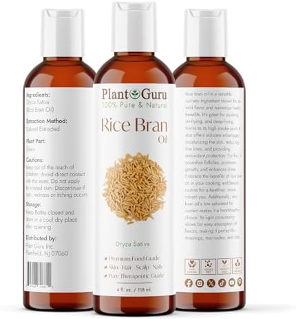 Plant Guru Rice Bran Oil 4 fl. oz. – 100% Pure & Natural Carrier Oil for Skin, Face, Body, and Hair Moisturizing. Great for DIY Creams, Lotions, and Lip Balms.
