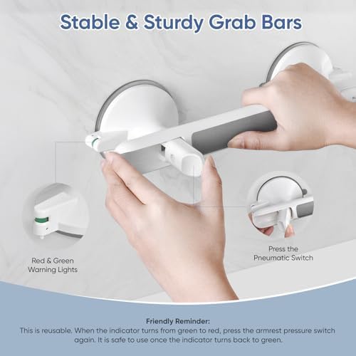 Grab Bars for Bathtubs and Showers with Indicator, Suction Cup Shower Handle, Surface Safety Grip, Strip Locking Latches Removable Bathroom Support, Easy Install Tool-Free Design (1-PCS)