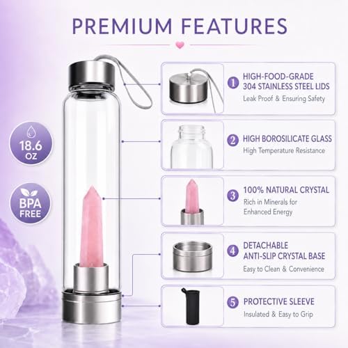 ChezMax Crystal Glass Water Bottle, Glass Water Bottles with Changeable Natural Crystal Center, Quartz Gemstone Water Bottle for Natural