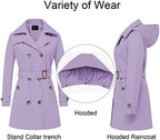 CREATMO US Women's Trench Coat Double-Breasted Classic Lapel Overcoat Belted Slim Outerwear Coat with Detachable Hood