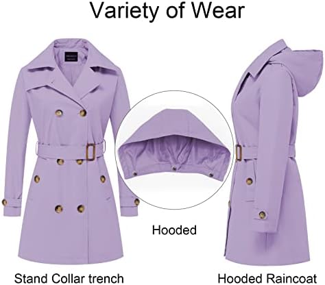 CREATMO US Women's Trench Coat Double-Breasted Classic Lapel Overcoat Belted Slim Outerwear Coat with Detachable Hood