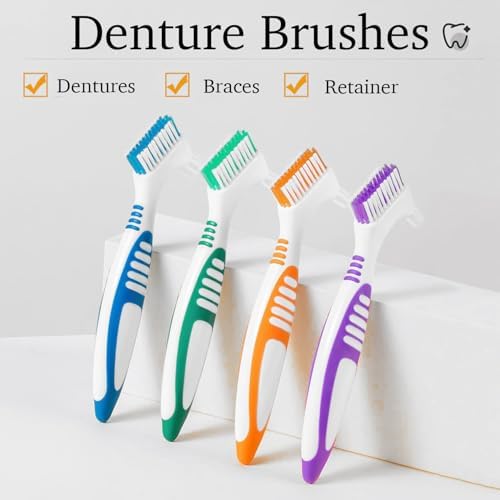 New Blessing 2 Pack Denture Brushes, Double-Sided Cleaning Brushes for False Teeth, Non-Slip Handle Dental Appliance Cleaner (2 Colors)
