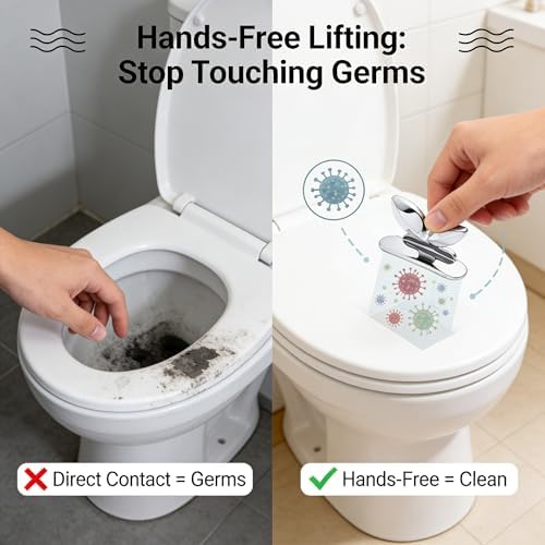 2 Pcs Toilet Seat Lifter Handle Sanitary Commode Lid Lifter Self Adhesive Seat Cover Lifting Tab Bathroom Accessories Avoid Touching Silver (Pack of 2)