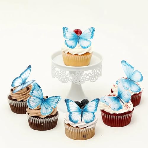 Rsstarxi 60 Pack Wafer Paper Butterflies Cupcake Toppers, Edible Butterfly Cake Decorations Butterfly Decorations for Wedding Birthday Anniversary Baby Shower Party Decorating Supplies Blue