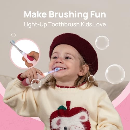 Papablic Kids Electric Toothbrush for Ages 4+ Children Girls and Boys, USB Rechargeable with Smart Brushing Timer, LED Light & 2 Replacement Brush Heads, Pink