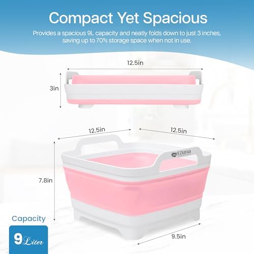 EZuraa 2.4 gal(9L) Pink Collapsible Dish Basin, Portable Sink or Dish Pan for Kitchen Sink with Drain Plug/Strainer, Space Saving Baby Bottle Wash Basin Collapsible Bucket, Beverage Tub for Camping